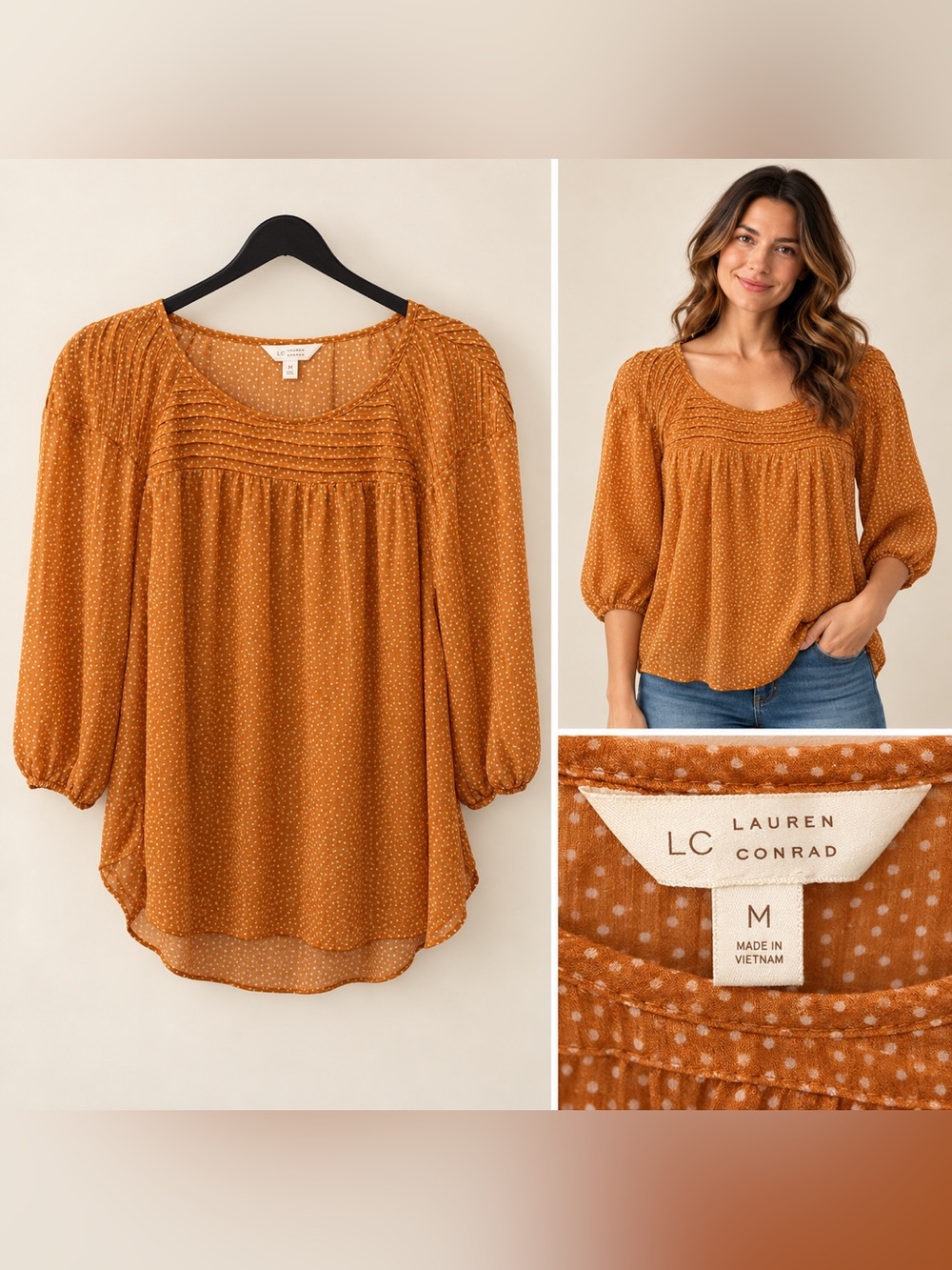 LC Lauren Conrad Mustard Dot Pintuck Peasant Blouse